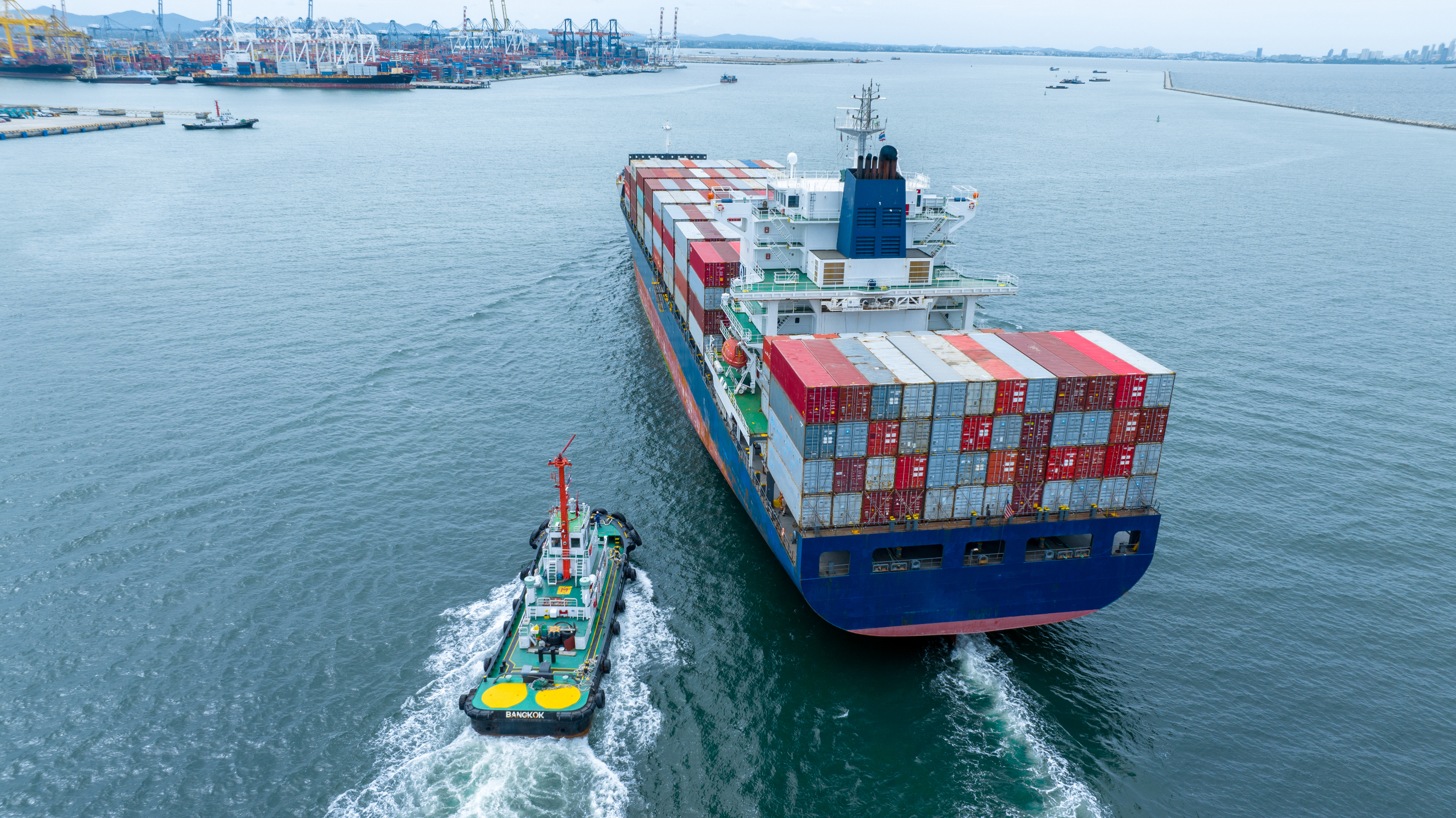 Vessel and tug at port